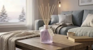 Sleek, minimalist scented reed diffuser for living room styling, adding a touch of modern Canadian elegance to a bright, airy space.