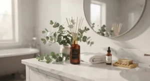 A long lasting reed diffuser placed on a marble bathroom vanity with fresh eucalyptus accents.