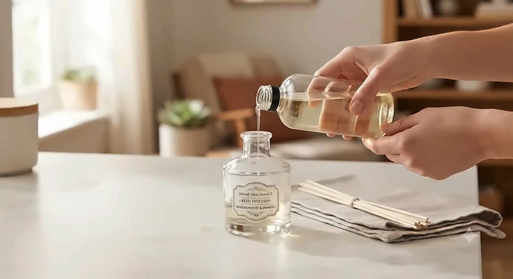 Pouring scented reed diffuser oil refill into a clear glass bottle for home fragrance.