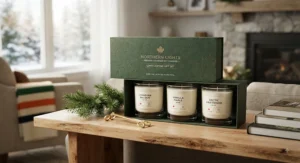 A beautifully packaged gift set of candles that last a month, highlighting quality and style for Canadian holiday gifting.