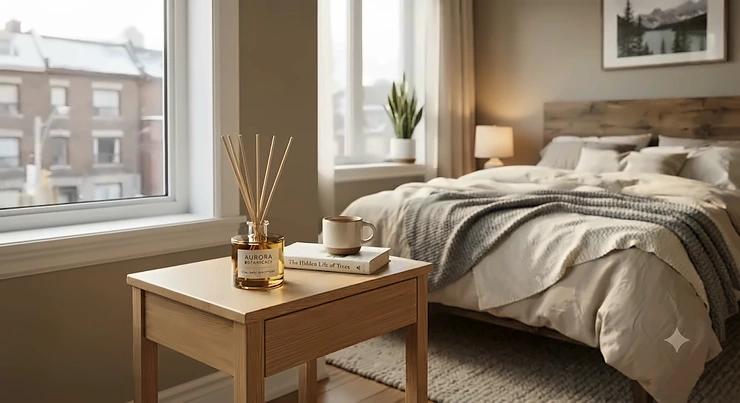 Compact reed diffuser on a minimalist wooden nightstand in a cozy Canadian apartment bedroom, creating a relaxing ambiance.