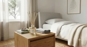Safe, flameless reed diffuser diffusing fresh botanical notes on a wooden nightstand in a contemporary bedroom.