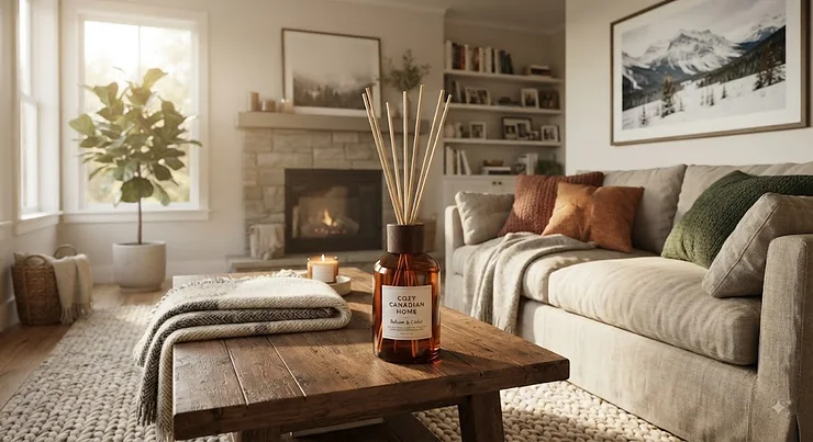 A warm, inviting living room featuring a scented reed diffuser on a coffee table, perfect for creating a cozy atmosphere in a Canadian home.