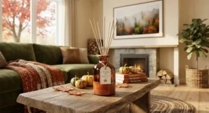 Warm autumnal scented reed diffuser for living room styling, capturing the cozy essence of the Canadian fall season.