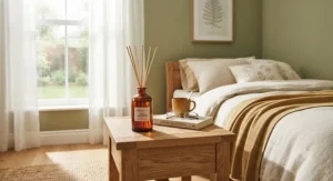 Elegant amber glass reed diffuser adding a warm touch of decor to a warm and inviting small bedroom setup.