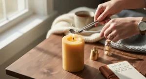 A person trimming the wick of one of the longest burning candles to ensure a clean, long-lasting flame.