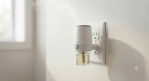 Adjustable plug-in air freshener diffuser showing scent control settings on a clean white wall.