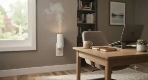 An adjustable plug-in scent diffuser on a home office wall, creating a relaxing workspace atmosphere.