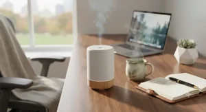 An aromatherapy essential oil diffuser creating a relaxing wellness atmosphere beside a steaming mug of tea at an office desk.