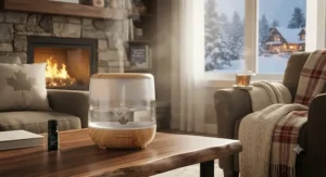An ultrasonic diffuser adding much-needed humidity and aroma to a cozy Canadian living room during winter.