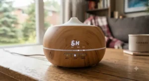 Close-up view of the digital timer settings and control buttons on a sleek essential oil diffuser.