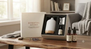 A beautifully boxed smart essential oil diffuser gift set alongside pure Canadian lavender essential oil bottles.