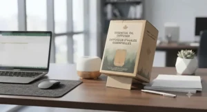 An eco-friendly essential oil diffuser box with English and French bilingual packaging displayed on a work desk.