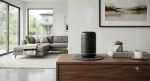 A matte black essential oil diffuser for a large room complementing contemporary Canadian minimalist interior design.