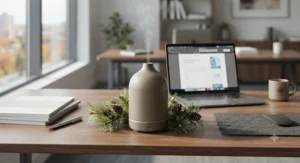 A handcrafted matte ceramic essential oil diffuser surrounded by Canadian pine sprigs on an office work station.
