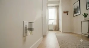 Compact plug-in air freshener diffuser providing subtle fragrance in a bright Canadian apartment hallway.