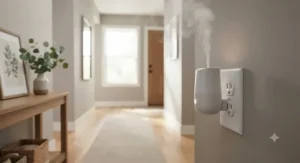 Compact plug-in scent diffuser brightening a hallway corridor with a fresh, clean aroma.