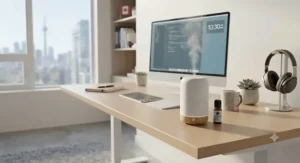 A compact smart essential oil diffuser diffusing aromatherapy mist on a minimalist home office desk setup in Toronto.