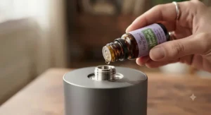 Close-up view of an essential oil bottle being inserted directly into a rated nebulizing diffuser.