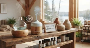 Sustainable and eco-friendly essential oil diffusers displayed on a wooden shelf in a Canadian wellness studio.