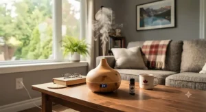 Lifestyle shot of an essential oil diffuser with timer diffusing a fine mist of water and botanical oils.