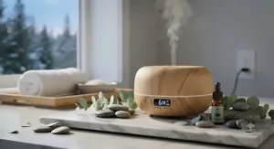 A soothing spa-inspired setup with an essential oil diffuser with timer surrounded by eucalyptus and smooth stones.