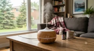 Essential oil diffuser with timer sitting on a wooden surface in a Canadian living room, ready for aromatherapy.