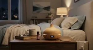 Essential oil diffuser with timer on a bedside table in a calm bedroom, providing relaxing scents for sleep.