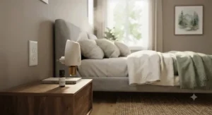 Essential oil plug-in air freshener diffuser creating a relaxing atmosphere in a cozy master bedroom.