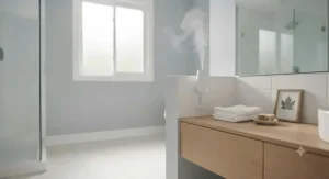 An essential oil plug-in scent diffuser operating in a bright, clean Canadian bathroom to keep the space smelling fresh.