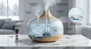 Illustration of an ultrasonic diffuser utilizing water vibration to create a soothing cool mist vapour.