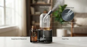 Illustration showing how a rated nebulizing diffuser atomizes pure essential oils without adding water or heat.