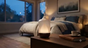 An essential oil diffuser for a large room glowing with soft ambient LED lights in a master bedroom.
