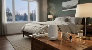 A sleek, low-noise aromatherapy diffuser styled in a modern Canadian master bedroom interior with soft lighting.