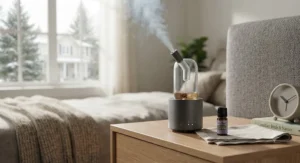 A stylish rated nebulizing diffuser placed on a minimalist bedside table in a Canadian bedroom.