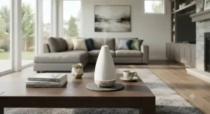 A sleek essential oil diffuser for a large room diffusing fine mist in a spacious suburban family room.