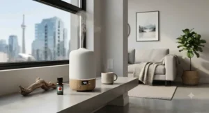 Minimalist essential oil diffuser with timer styled in a modern Canadian apartment interior.
