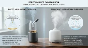 Comparison diagram showing why a rated nebulizing diffuser outperforms standard water-based ultrasonic diffusers.