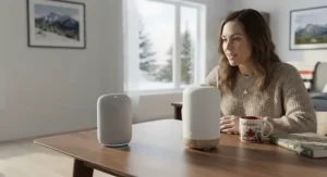 A Canadian homeowner using voice commands to adjust their Wi-Fi enabled scent diffuser via a smart speaker.