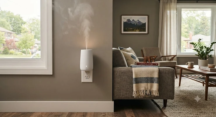 A sleek plug-in scent diffuser plugged into a living room wall outlet, diffusing a subtle fragrance in a modern Canadian home.