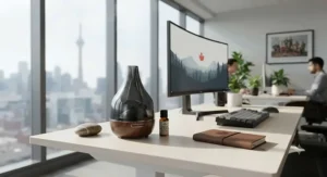 A sleek nebulizing diffuser placed in a modern Canadian office space for potent aromatherapy.