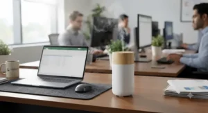 An ultra-quiet cool mist essential oil diffuser releasing a gentle vapor stream in a busy corporate workspace.