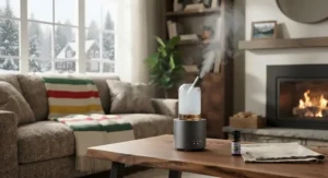 A rated nebulizing diffuser operating in a cozy Canadian living room during winter to refresh indoor air.