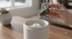 Close-up of essential oil being added to a Wi-Fi enabled scent diffuser for aromatherapy at home.