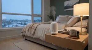 A tranquil bedroom interior showcasing the quietest essential oil diffuser for bedroom aromatherapy and stress relief.