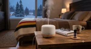 The quietest essential oil diffuser for bedroom operation placed next to a reading lamp and a mug of herbal tea.