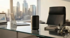 A sleek matte black essential oil diffuser positioned on a glass executive desk with natural sunlight filtering through a window.
