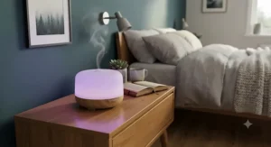 A smart essential oil diffuser glowing with soft color-changing LED mood lighting on a bedside table in a cozy bedroom.