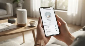 Smartphone screen displaying a smart home scent diffuser mobile app interface for scheduling fragrance levels.