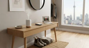 Compact smart home scent diffuser placed on a minimalist entryway table in an urban Canadian condo.